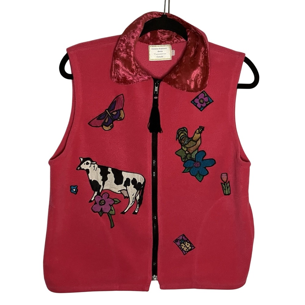 Vintage Christine Seigneuret Fleece Vest Womens S Pink Fleece OOAK Artsy Zip 90s